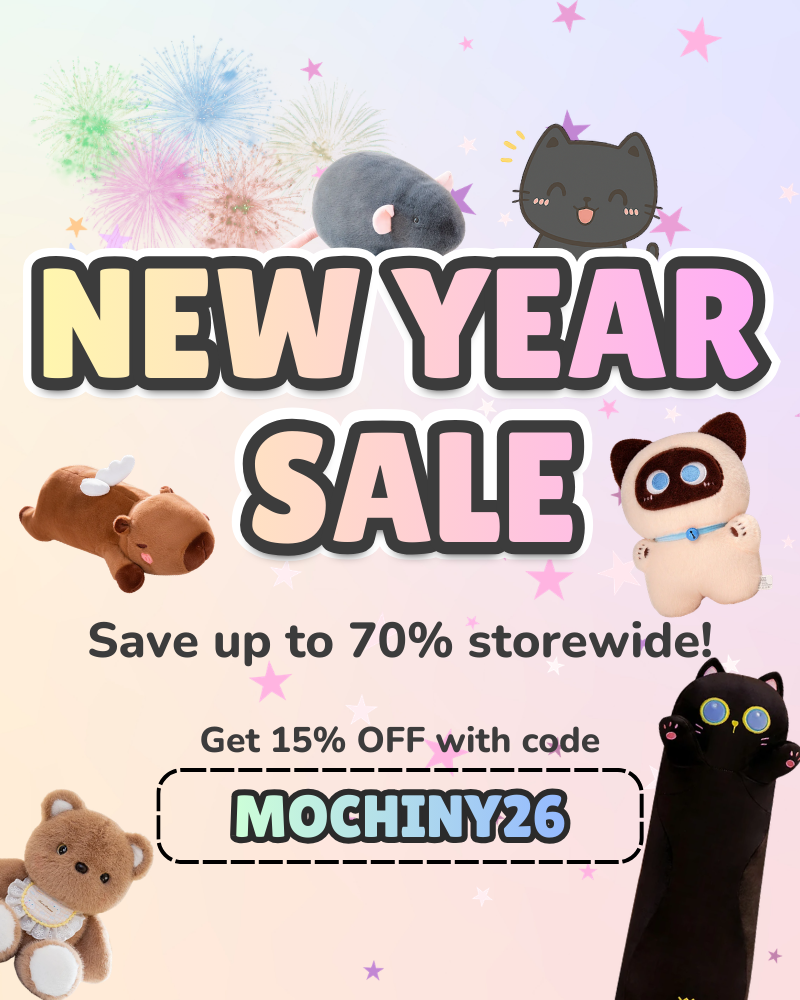 Promotional poster for a New Year sale with cartoon animals and colorful text on a light pink background.